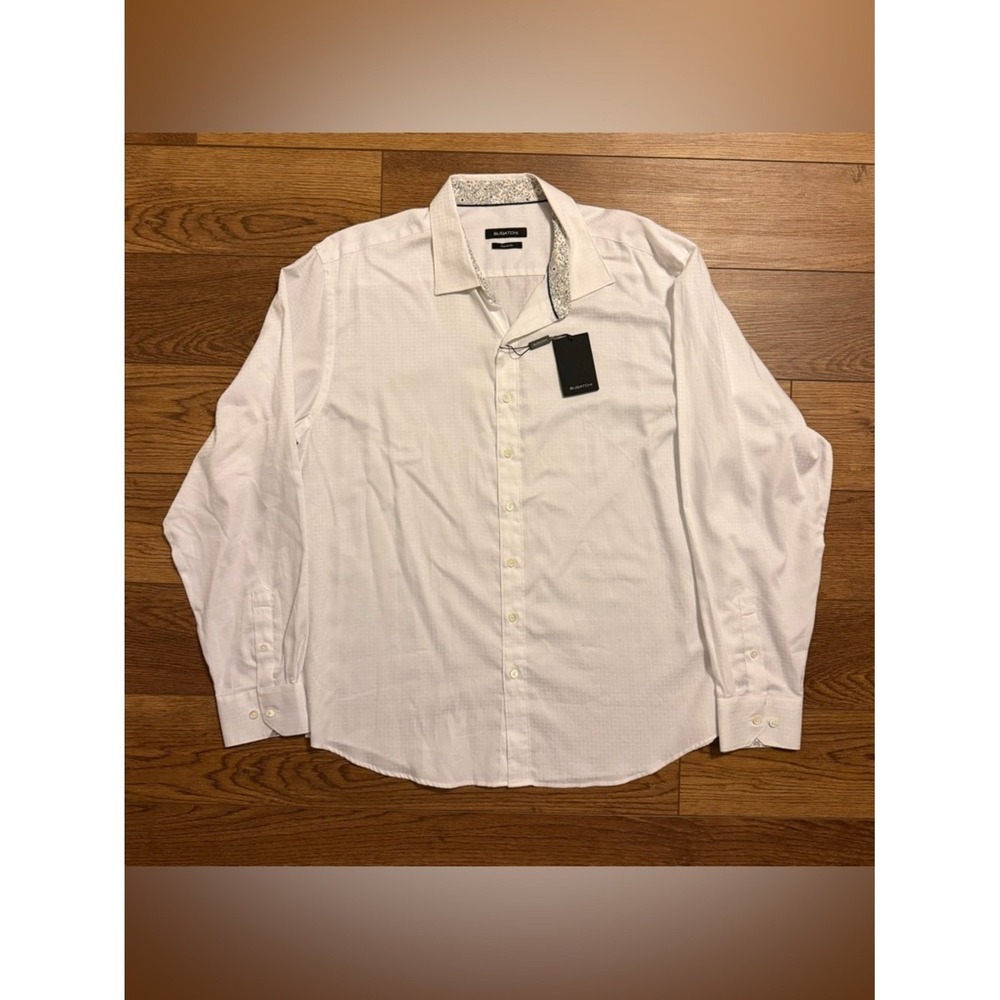 Bugatchi Mens XL White Geometric Jacquard Button Up Shirt Classic Fit Cotton - Picture 1 of 10